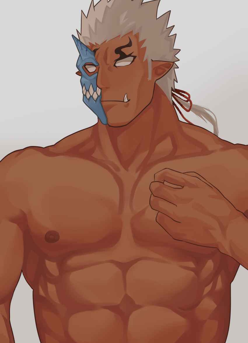 1boy absurdres bara commentary dark-skinned_male dark_skin grey_background half_mask highres horned_mask horns large_pectorals long_sideburns low_ponytail male_focus mask monster_boy muscular muscular_male nipples no_pupils no_shirt oni_mask pectorals pointy_ears shuten_douji_(housamo) sideburns single_horn solo t-ryu tokyo_afterschool_summoners tusks upper_body white_hair