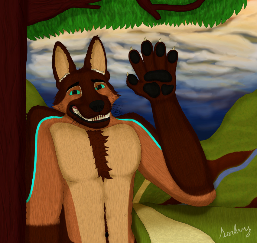 absurd_res anthro blue_eyes brown_body brown_fur canid canine canis chest_fur cloud domestic_dog ears_up fox fur german_shepherd grass herding_dog hi_res inner_ear_fluff looking_at_viewer male mammal mountain nude outside pastoral_dog path plant river sarkvy sheepdog sky smile solo sunset tree tuft