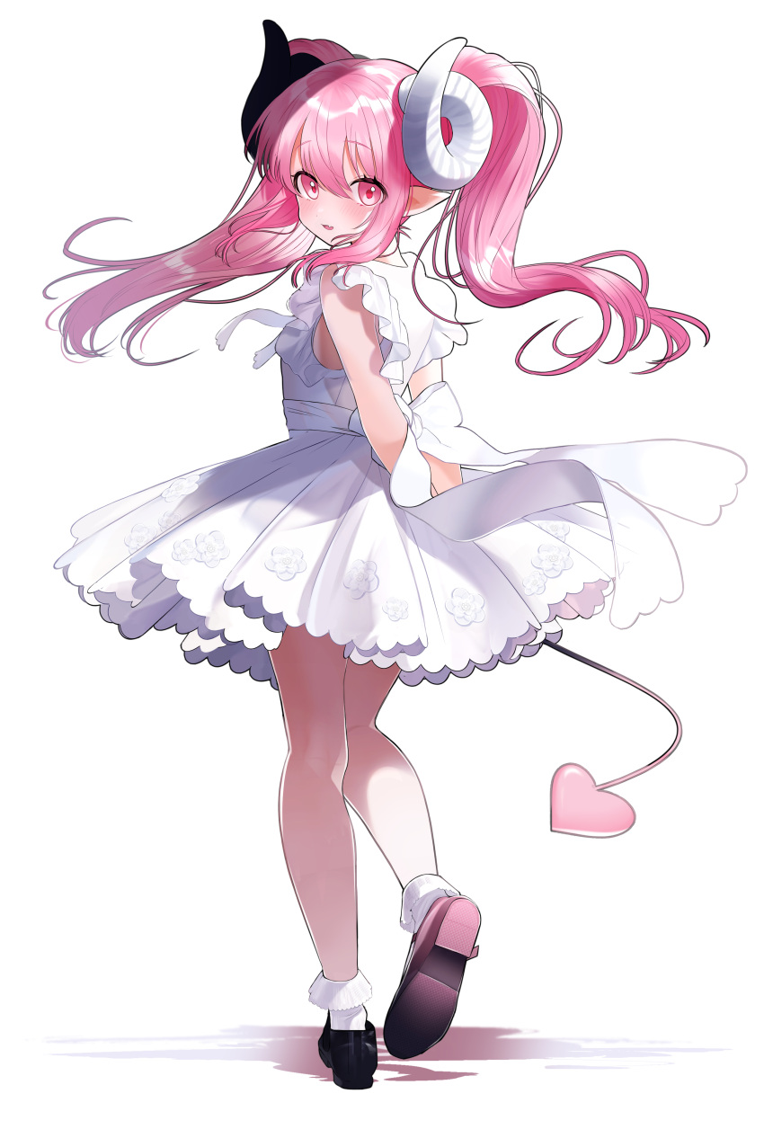 1girl absurdres aged_down arms_behind_back bangs black_footwear blush bobby_socks demon_girl demon_horns demon_tail dress fang frilled_dress frills full_body heel_up highres horns long_hair looking_at_viewer looking_back original parted_lips pink_eyes pink_hair pointy_ears pomu_(pomu_me) shadow shoes short_dress simple_background skin_fang sleeveless sleeveless_dress smile socks solo standing tail twintails virgin_bitch_gal white_background white_dress white_socks