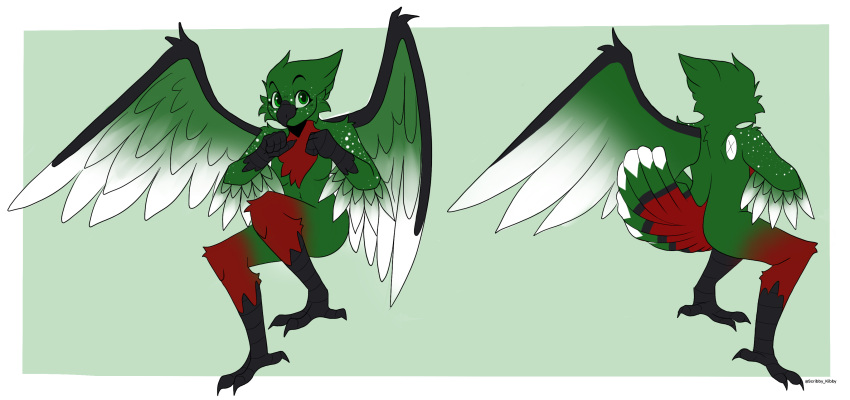 absurd_res anthro avian beak bird black_body black_feathers breasts butt chest_tuft eira_(eiraryyu) feathered_wings feathers female gradient_feathers green_body green_eyes green_feathers green_sclera hair hi_res large_wings model_sheet red_body red_feathers scribby_kibby simple_background solo tail_feathers tuft white_body white_feathers wings