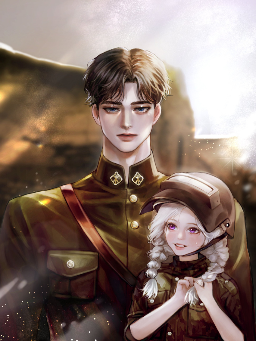 1boy 1girl absurdres black_hair blue_eyes braid child commission cover cover_page female_child haseonyeon highres korean_commentary light_particles looking_at_another looking_at_viewer military military_uniform novel_cover original purple_eyes short_hair sleeves_rolled_up sunlight sweatdrop twin_braids uniform welding_mask white_hair