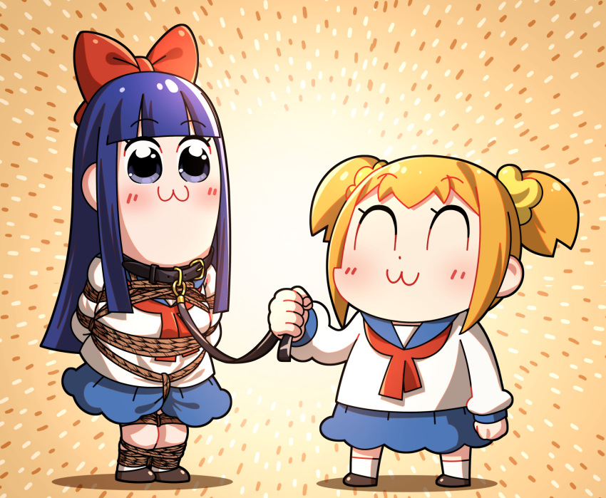 2girls :3 ^_^ bangs bdsm bkub_(style) blue_skirt blunt_bangs blush bondage bound chibi closed_eyes full_body haneru highres leash multiple_girls orange_hair pipimi poptepipic popuko purple_eyes purple_hair red_serafuku school_uniform serafuku shibari shibari_over_clothes shirt skirt standing white_shirt yuri