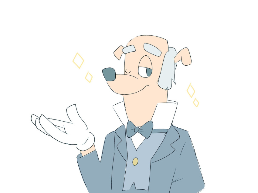 2019 4_fingers anthro black_nose bow_tie canid canine canis clothed clothing disney domestic_dog ducktales ducktales_(2017) duckworth eyebrows fingers gloves handwear hi_res looking_at_viewer male mammal mmmt3c_d one_eye_closed simple_background smile solo suit tan_body white_background