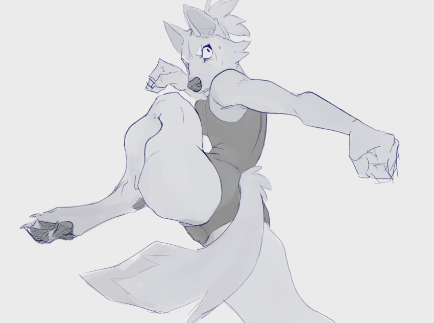 2022 action_pose angry anthro canid canine canis clothing digital_media_(artwork) digitigrade female fight fighting_pose fist greyscale kick mammal monochrome one-piece_swimsuit pose solo swimwear wetchop wolf