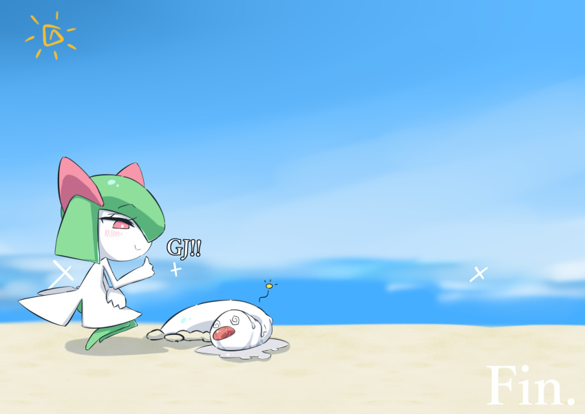 1girl @_@ bangs beach blue_background blue_sky blurry blurry_background bright_pupils closed_mouth colored_skin commentary_request day english_text flat_chest french_text from_side full_body green_hair green_skin hair_over_one_eye half-closed_eyes hand_up happy highres horizon kirlia looking_at_another looking_down m3_(gardevoir_m3) mixed-language_text multicolored_skin ocean one_eye_covered outdoors pokemon pokemon_(creature) pussy_juice red_eyes sand short_hair sidelocks sky smile sparkle squatting sun thumbs_up translated two-tone_skin white_pupils white_skin wiglett