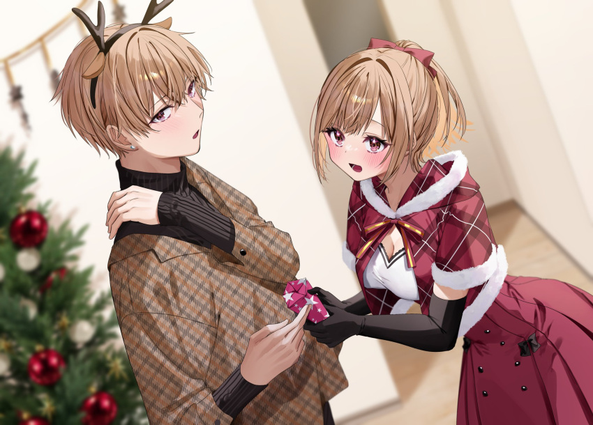 1boy 1girl antlers bangs black_gloves blurry blurry_background blush bow breasts brown_hair chigusa_minori christmas christmas_ornaments christmas_tree cleavage dress elbow_gloves fake_antlers gift gift_wrapping gloves hair_bow highres holding holding_gift indoors jitsu_wa_imouto_deshita. long_sleeves majima_ryota open_mouth ponytail red_dress reindeer_antlers short_hair sidelocks smile standing turtleneck