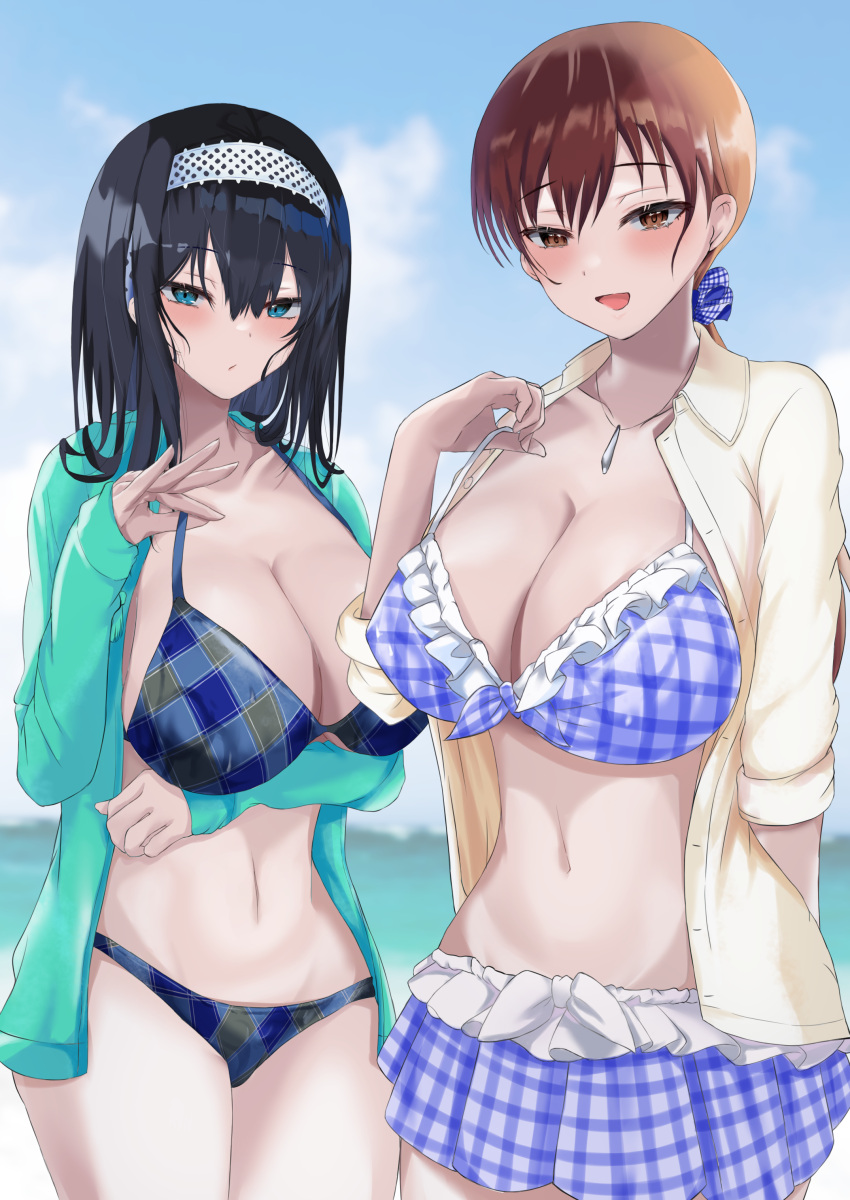 2girls absurdres bikini bikini_skirt bikini_under_clothes black_hair blurry blurry_background blush breasts brown_hair cleavage collarbone everchix green_jacket highres holding_strap idolmaster idolmaster_cinderella_girls jacket large_breasts looking_at_viewer multiple_girls navel nitta_minami outdoors plaid plaid_bikini ponytail sagisawa_fumika shirt smile straight_hair swimsuit yellow_shirt