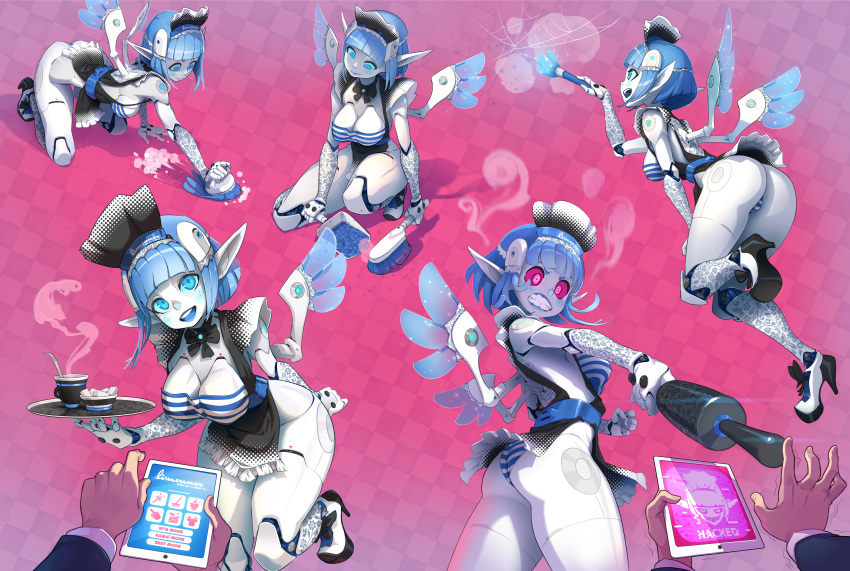 1girl absurdres all_fours apron arm_tattoo ass bangs black_apron blue_eyes blue_hair blue_panties blue_sclera blunt_bangs breasts cleaning cleavage collage colored_sclera colored_shoe_soles colored_skin crazy_eyes cup english_commentary flying freckles high_heels highres holding holding_tablet_pc humanoid_robot joints leg_tattoo long_pointy_ears maid maid_headdress mechanical_wings medium_breasts mini_wings one_knee original panties pantyshot pink_eyes pink_sclera pointy_ears pov pov_hands revealing_clothes robot_ears robot_joints rolling_pin short_hair solo_focus striped striped_panties sugar_cube tablet_pc tattoo teacup teeth thick_thighs thighs tray underwear upskirt white_footwear white_skin wings xaxaxa