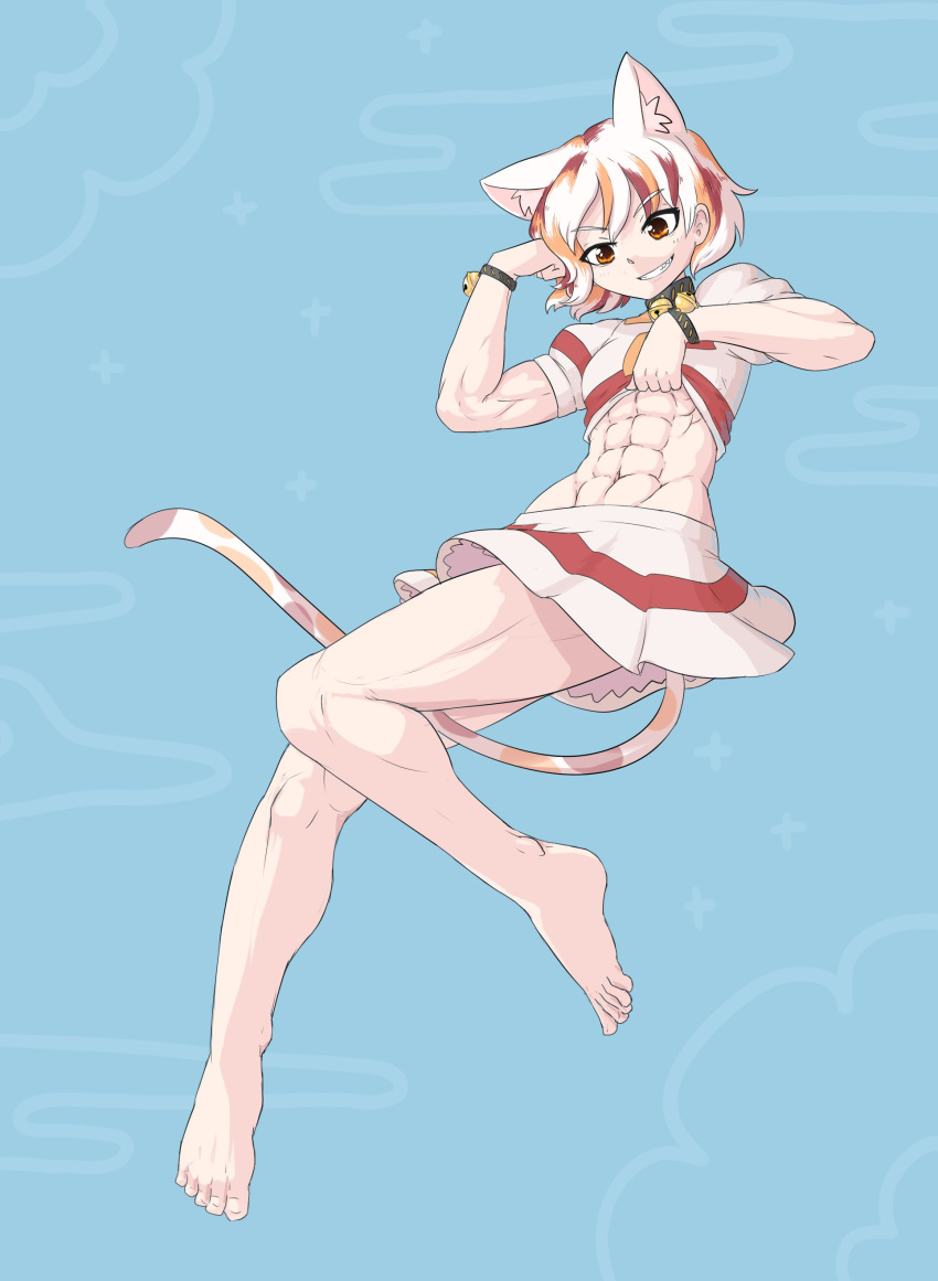 1girl abs absurdres animal_ear_fluff animal_ears bare_legs barefoot bell biceps brown_hair cat_ears cat_girl cat_tail clothes_lift collar feet goutokuji_mike grin highres jingle_bell midriff multicolored_hair muscular muscular_female navel orange_hair sheepapp shirt shirt_lift short_hair short_sleeves skirt smile solo tail toes touhou white_hair wrist_cuffs yellow_eyes