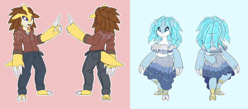 absurd_res alice_(theassumingmage) alolan_form alolan_sandslash anthro blue_body blue_eyes claws clothed clothing duo female generation_1_pokemon hi_res ice ice_hair looking_at_viewer male mammal nintendo pangolin pokemon pokemon_(species) pose regional_form_(pokemon) sandslash slash_(ayche) spines standing video_games white_body white_skin yellow_body zody300