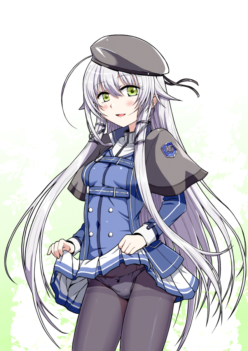 1girl ahoge altina_orion black_pantyhose black_ribbon clothes_lift eiyuu_densetsu green_eyes grey_hair hat hat_ribbon highres kyo9999 long_hair looking_at_viewer panties panties_under_pantyhose pantyhose ribbon sen_no_kiseki sen_no_kiseki_ii sen_no_kiseki_iii sen_no_kiseki_iv simple_background skirt skirt_lift solo thors_military_academy_branch_campus_uniform underwear very_long_hair