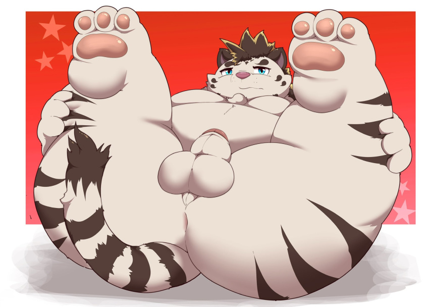 2022 anthro balls belly blue_eyes butt erection felid genitals hi_res kemono kusosensei licho_(tas) lifewonders male mammal moobs overweight overweight_male pantherine penis solo tiger tokyo_afterschool_summoners video_games white_body