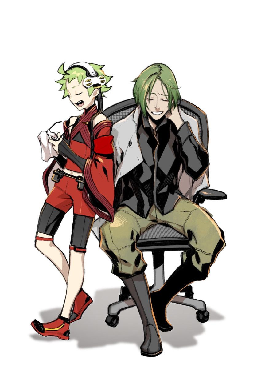 2boys 7th_dragon_(series) 7th_dragon_2020 armband ayafumi_kirino black_footwear black_skirt boots cleaning_glasses closed_eyes clothes_pin detached_sleeves full_body green_hair green_pants hairband highres jacket jacket_on_shoulders leaning_back male_focus medium_hair miroku_(7th_dragon_2020) miwa_shirow multiple_boys on_chair open_mouth pants red_footwear red_shorts shadow short_hair shorts simple_background sitting skirt white_background