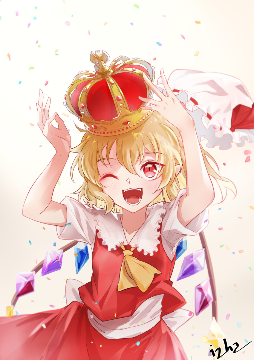 1girl absurdres ascot collared_shirt commentary_request crown crystal flandre_scarlet happy highres izha_(seisfleur) medium_hair one_eye_closed open_mouth puffy_short_sleeves puffy_sleeves red_eyes red_skirt red_vest shirt short_sleeves side_ponytail skirt solo touhou upper_body vest white_shirt wings yellow_ascot