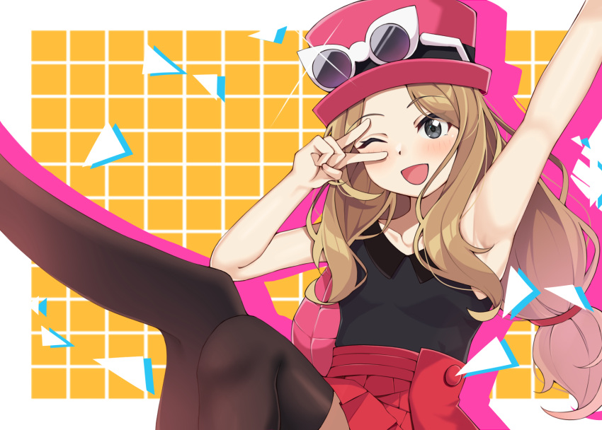1girl ;d arm_up armpits bare_arms black_eyes black_shirt black_thighhighs blush breasts brown_hair eyewear_on_headwear hat highres leg_up long_hair looking_at_viewer miniskirt one_eye_closed open_mouth pleated_skirt pokemon pokemon_(game) pokemon_xy ray_(rays_26) red_headwear red_skirt serena_(pokemon) shirt skirt sleeveless sleeveless_shirt small_breasts smile solo sunglasses thighhighs v_over_eye very_long_hair white-framed_eyewear zettai_ryouiki
