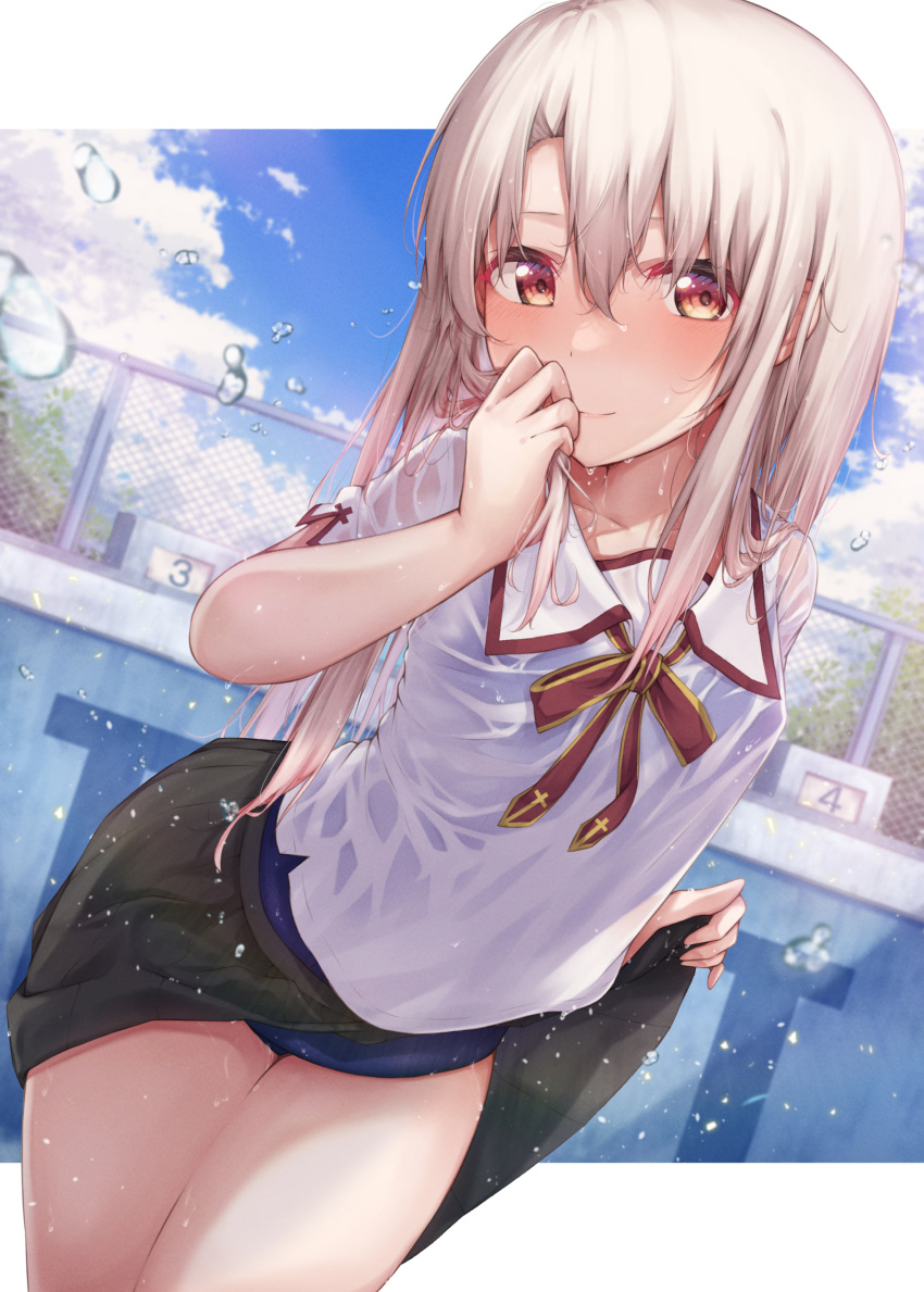 1girl absurdres alternate_costume blue_sky blush brown_eyes clothes_lift cloud collared_shirt dutch_angle fate/kaleid_liner_prisma_illya fate_(series) highres illyasviel_von_einzbern lifted_by_self long_hair looking_at_viewer outdoors see-through seven_d3t shirt short_sleeves skirt skirt_lift sky solo standing thighs wet wet_clothes white_hair white_shirt