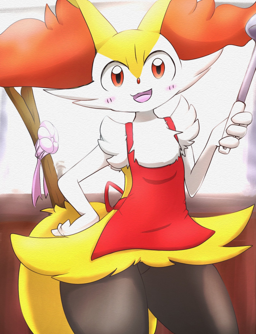 ambiguous_gender anthro apron blush braixen canid canine clothing eiroru fox generation_6_pokemon hi_res inner_ear_fluff looking_at_viewer mammal nintendo pokemon pokemon_(species) ribbons smile solo stick tuft video_games