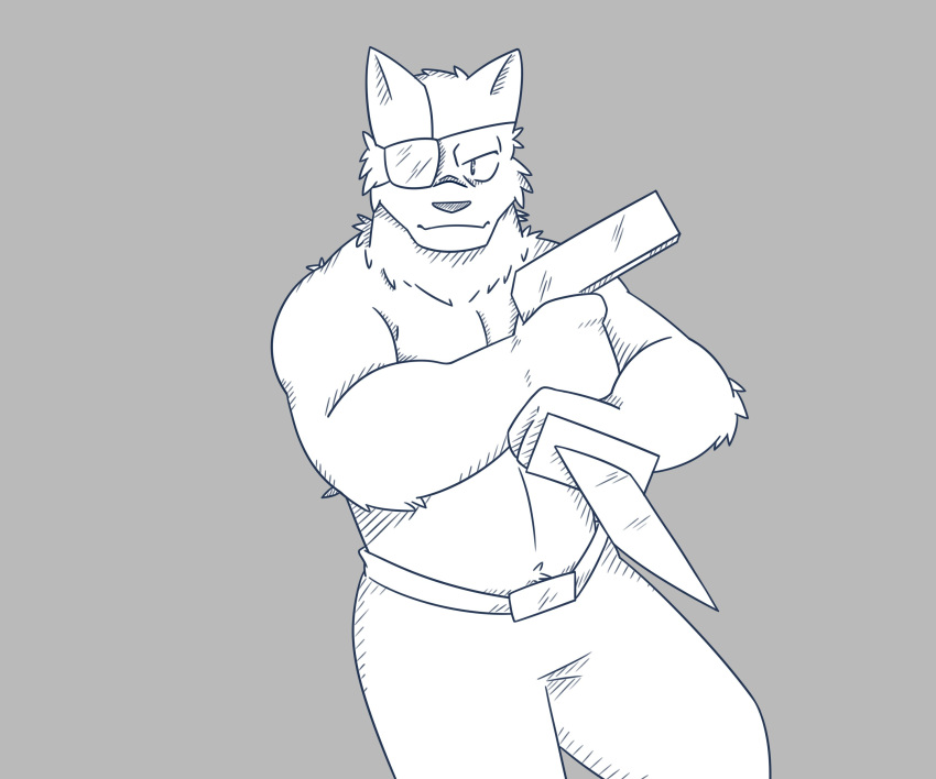 absurd_res alert alon_e_wolf_(shelter) anthro athletic belt belt_buckle bottomwear canid canine canis clenched_hands clothing elbow_tuft eye_patch eyewear gun hi_res knife leaning male mammal mrjosh47 pants ranged_weapon serious serious_face shelter_vn shirtless solo tuft weapon wolf