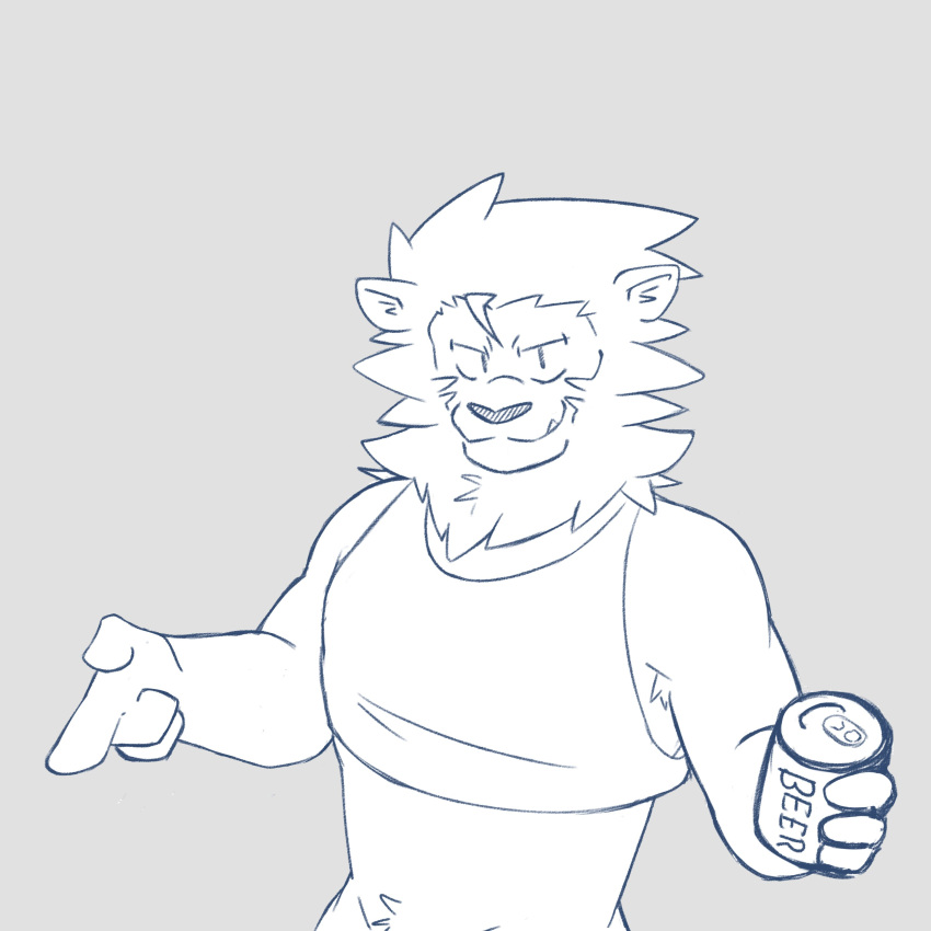 absurd_res alcohol anthro armpit_hair athletic beer beverage beverage_can body_hair bottomless clothed clothing crop_top crop_top_lion_(mrjosh47) felid hi_res lion male mammal mane midriff mrjosh47 pantherine pantsless pubes pubes_exposed sharp_tooth shirt shirt_only smile smirk snaggle_tooth solo topwear topwear_only