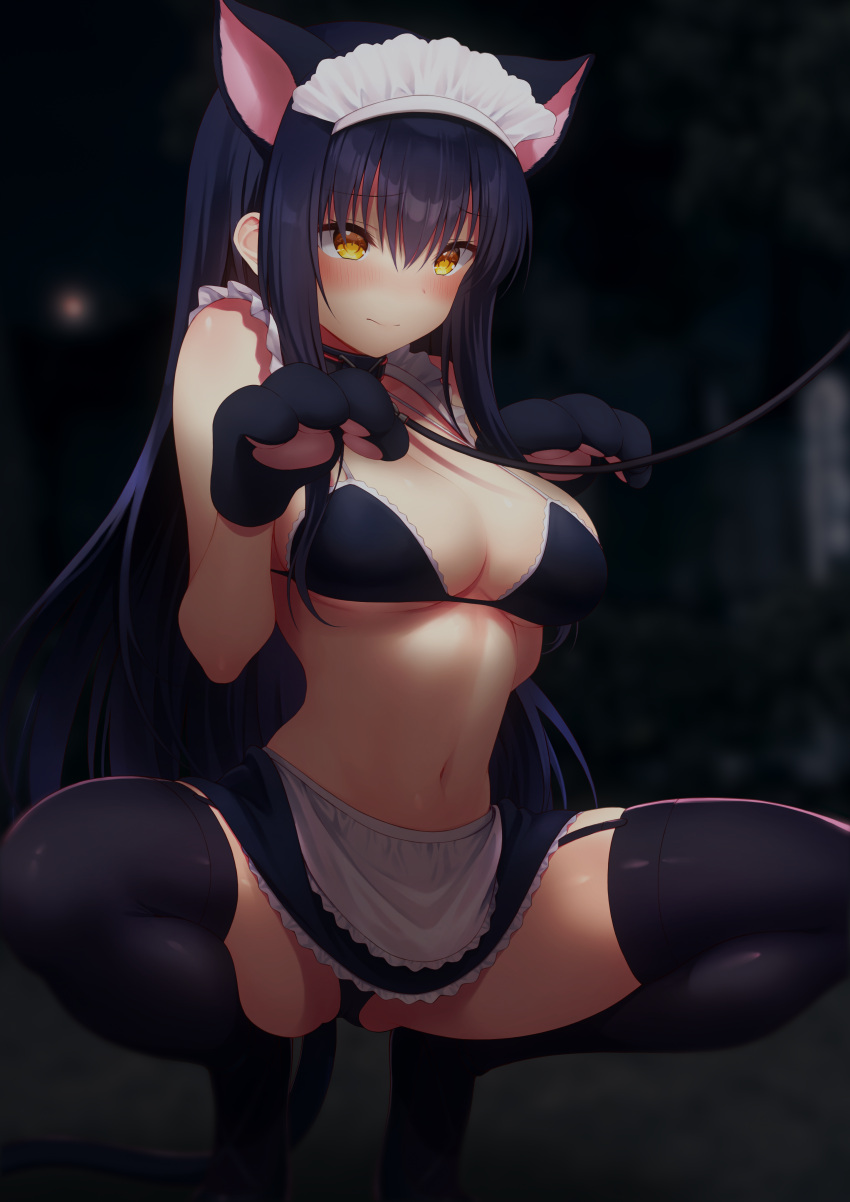 1girl absurdres animal_ears animal_hands apron ass bangs bikini black_bikini black_collar black_hair black_skirt black_thighhighs blurry blurry_background blush breasts cat_ears cat_tail closed_mouth collar exhibitionism frills garter_straps hair_between_eyes highres kushima_kamome large_breasts leash long_hair maid_bikini maid_headdress miniskirt momihige navel night nose_blush outdoors paw_pose pet_play pleated_skirt public_indecency skirt solo spread_legs squatting stomach summer_pockets swimsuit tail thighhighs very_long_hair waist_apron white_apron yellow_eyes