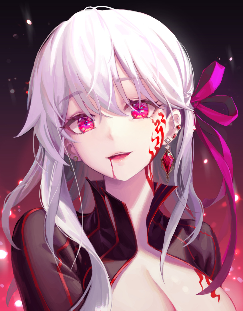 1girl :d absurdres asymmetrical_earrings bangs blood blood_from_mouth breasts cleavage dark_sakura ear_piercing earrings fate/stay_night fate_(series) gem hair_between_eyes hair_ribbon highres jewelry jinbin825 large_breasts long_hair looking_at_viewer matou_sakura open_mouth piercing red_eyes red_gemstone red_ribbon ribbon smile solo upper_body white_hair