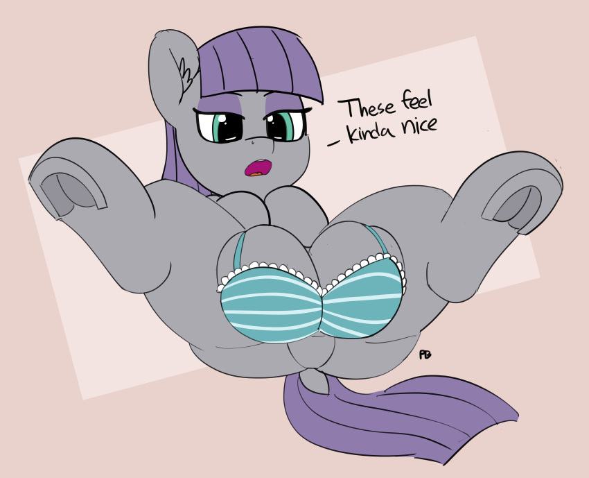 2017 absurd_res big_teats bra clothing dialogue digital_media_(artwork) dock earth_pony equid equine eyeshadow female feral friendship_is_magic gradient_background green_eyes grey_body hair hasbro hi_res hooves horse inner_ear_fluff looking_down makeup mammal maud_pie_(mlp) my_little_pony pabbley pony purple_eyeshadow purple_hair purple_tail signature simple_background teats tuft underhoof underwear