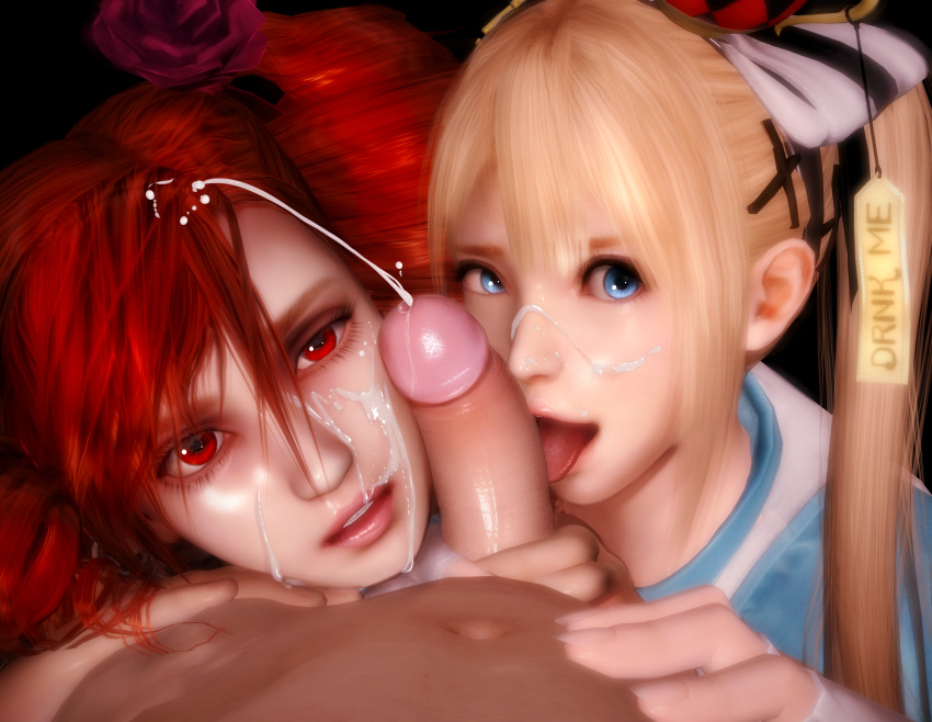 2girls 3d alice_(alice_in_wonderland) alice_(alice_in_wonderland)_(cosplay) alice_in_wonderland alternate_costume amy_sorel blonde_hair blue_dress blue_eyes commentary cooperative_fellatio cosplay crossover crown cum dead_or_alive dress drill_hair ejaculation english_commentary erection eyelashes facial fellatio fingerless_gloves flower gloves hair_flower hair_ornament hair_ribbon hand_on_another's_stomach highres licking long_hair looking_at_viewer marie_rose mini_crown mrstranger multiple_girls navel open_mouth oral parted_lips penis pink_lips pov red_eyes red_hair ribbon rose soulcalibur stomach tag tongue tongue_out twin_drills twintails white_gloves white_ribbon x_hair_ornament xnalara