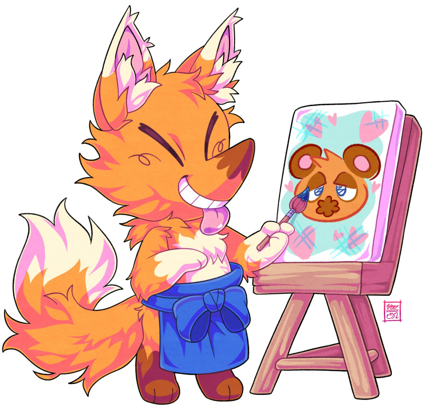 &lt;3 animal_crossing anthro apron apron_only biped blue_clothing blue_eyes brown_feet brown_nose canid canine clothing colored colored_line_art countershading crazy_redd fox fur fur_tuft hi_res inner_ear_fluff male male/male mammal mostly_nude nintendo orange_body orange_fur paint painting pink_inner_ear shaded simple_background solo tan_body tan_countershading tan_ear_tips tan_inner_ear_fluff tan_tail_tip tom_nook_(animal_crossing) tuft tufted_fur veesketch video_games white_background