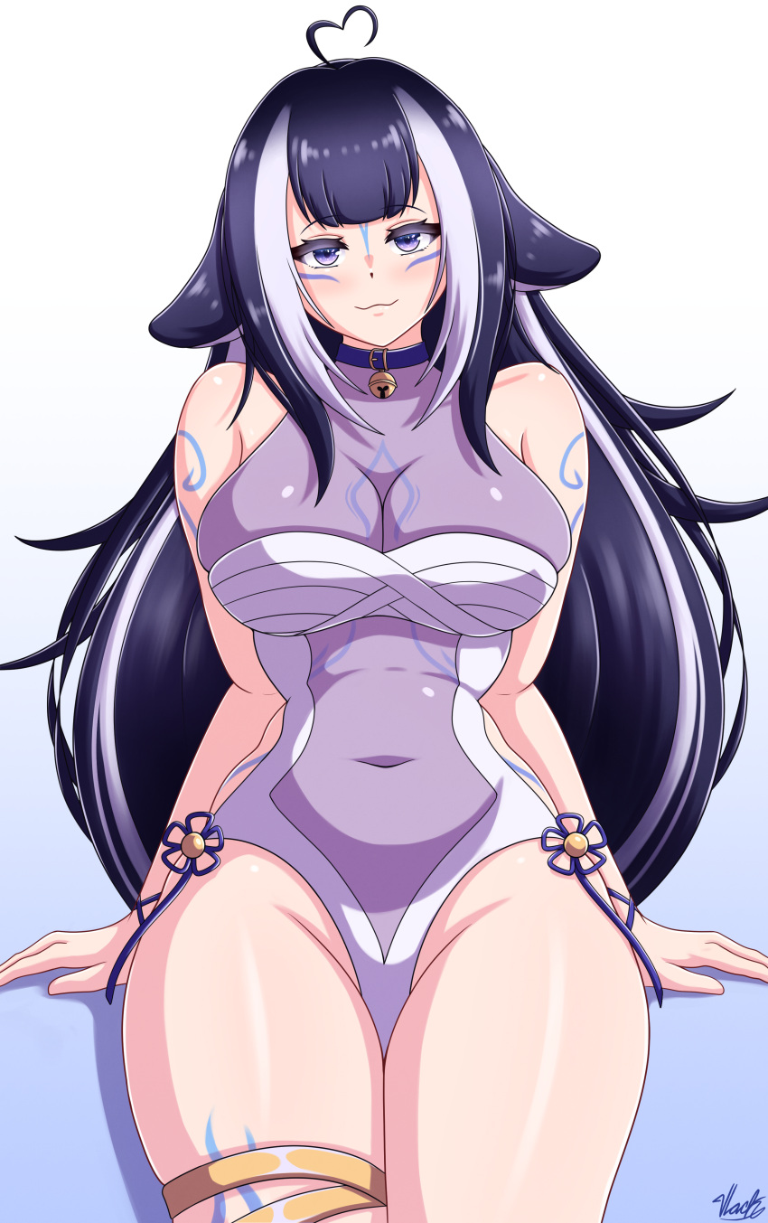 1girl :3 absurdres animal_ears arm_tattoo belt_collar black_hair blue_collar breasts chest_tattoo collar commentary covered_navel english_commentary facial_tattoo highres indie_virtual_youtuber large_breasts leg_tattoo long_hair looking_at_viewer multicolored_hair navel one-piece_swimsuit orca_girl purple_eyes see-through_swimsuit shylily stomach streaked_hair swimsuit tail tattoo thighs virtual_youtuber vlack white_hair white_one-piece_swimsuit