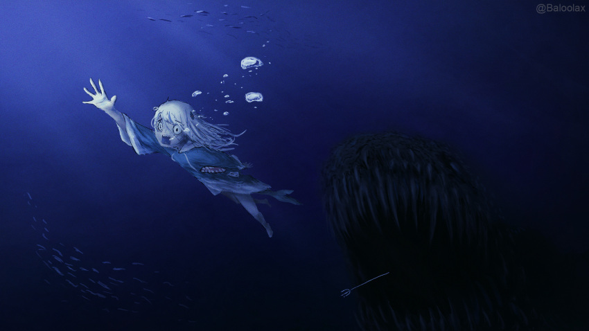 1girl artist_name baloolax barefoot blue_theme bubble fish fish_tail gawr_gura grey_hair hair_ornament highres hololive hololive_english horror_(theme) medium_hair monster outstretched_hand polearm scared school_of_fish shark_girl shark_hair_ornament shark_tail sharp_teeth side_ponytail swimming tail teeth trident twitter_username two_side_up underwear virtual_youtuber weapon