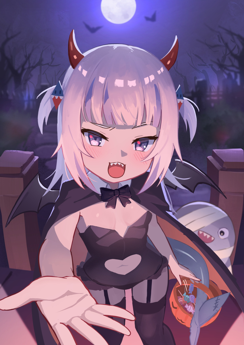 1girl :d absurdres alternate_costume bandages bangs bare_tree bat_wings black_cape black_garter_straps black_thighhighs bloop_(gawr_gura) blue_eyes blue_hair blunt_bangs blush breasts candy cape clothing_cutout commentary english_commentary food full_moon gawr_gura hair_ornament halloween halloween_bucket halloween_costume heart_cutout highres hirotaka0125 hololive hololive_english horns long_hair looking_at_viewer moon multicolored_hair navel_cutout night open_mouth outdoors outstretched_arm sharp_teeth small_breasts smile solo streaked_hair teeth thighhighs tree trick-or-treating two-tone_hair two_side_up virtual_youtuber white_hair wings