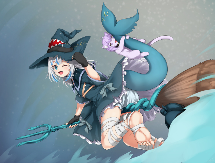 1girl ;d alternate_costume animalization bandaged_leg bandages bangs barefoot black_gloves bloomers blue_dress blue_eyes blue_hair blunt_bangs broom broom_riding cat dress fingerless_gloves fish_tail gawr_gura gloves grey_hair highres hololive hololive_english long_hair looking_at_viewer multicolored_hair nekomata_okayu nekomata_okayu_(cat) one_eye_closed open_mouth polearm shark_girl shark_tail sharp_teeth smile soles solo streaked_hair tail teeth trident underwear virtual_youtuber weapon wide_sleeves witch yomitrooper