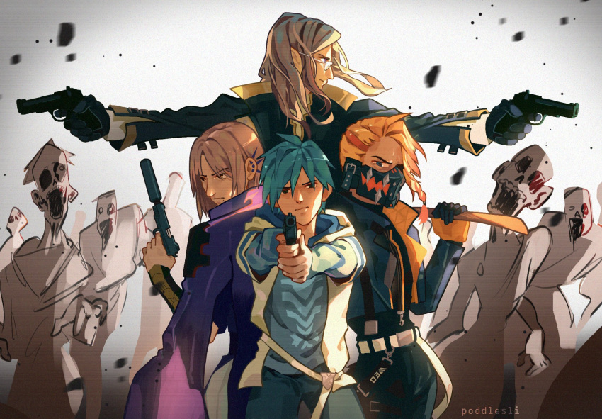 4boys aiming axel_syrios blonde_hair blue_hair dual_wielding glasses grey_hair gun handgun highres holding holding_weapon holostars holostars_english holotempus hood hoodie long_hair magni_dezmond multicolored_hair multiple_boys noir_vesper poddlesli pointy_ears project_zomboid purple_shirt regis_altare shirt short_hair streaked_hair suppressor virtual_youtuber weapon yellow_eyes zombie