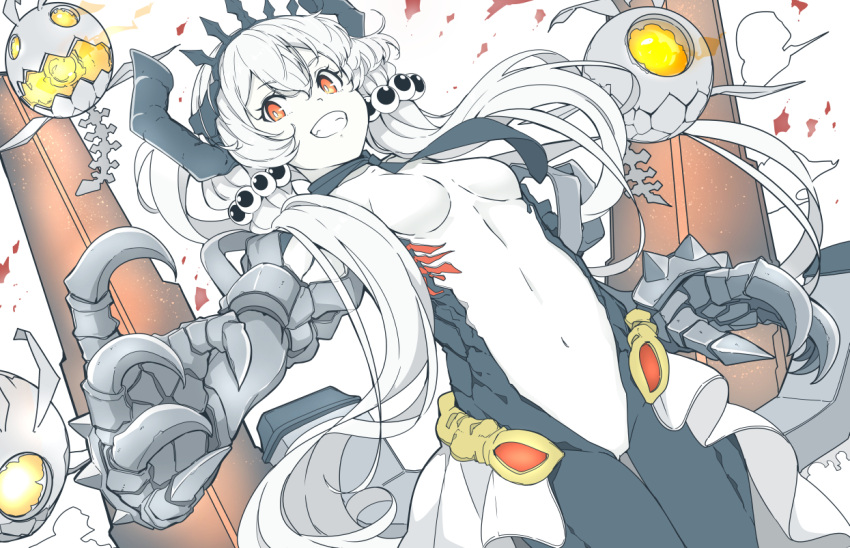 1girl abyssal_ship bangs black_horns breasts claws colored_skin enemy_aircraft_(kancolle) eyeball_hair_ornament fast_light_carrier_water_demon hair_ornament horns kantai_collection long_hair looking_at_viewer low_twintails ninimo_nimo pale_skin red_eyes simple_background small_breasts tiara twintails very_long_hair white_background white_hair white_skin