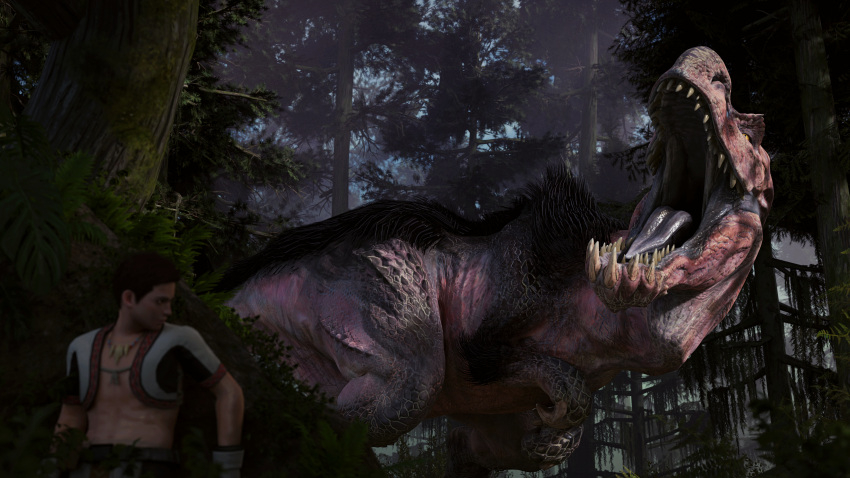 16:9 2022 3d_(artwork) 4k absurd_res ambiguous_gender anjanath black_body black_fur black_hair brute_wyvern capcom claws clothed clothing detailed_background digital_media_(artwork) dinosaur duo evergreen_tree feral forest fur gaping_mouth hair hi_res hiding human ivorylagiacrus larger_ambiguous larger_feral looking_back looking_back_at_another male mammal monster_hunter moss open_mouth outside pine_tree plant pupils red_body red_scales reptile scales scalie sharp_teeth size_difference slit_pupils smaller_human smaller_male teeth theropod tongue tongue_out tree video_games widescreen yellow_eyes