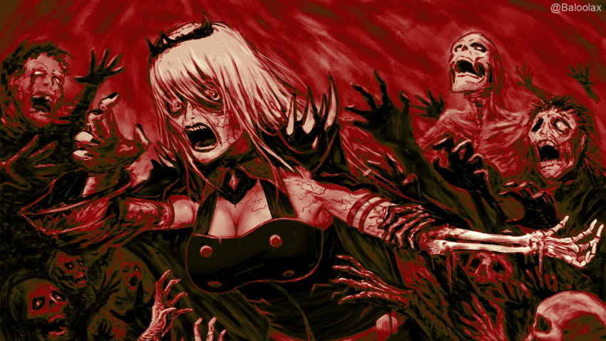 1girl 6+others artist_name baloolax bare_shoulders black_dress blood blood_on_face blood_on_hands bone breasts cleavage dress empty_eyes guro highres hololive hololive_english horror_(theme) long_hair looking_at_another looking_back mori_calliope multiple_others open_mouth outstretched_arms reaching_out red_theme screaming skeleton skull spiked_jacket spread_arms teeth tiara twitter_username virtual_youtuber zombie