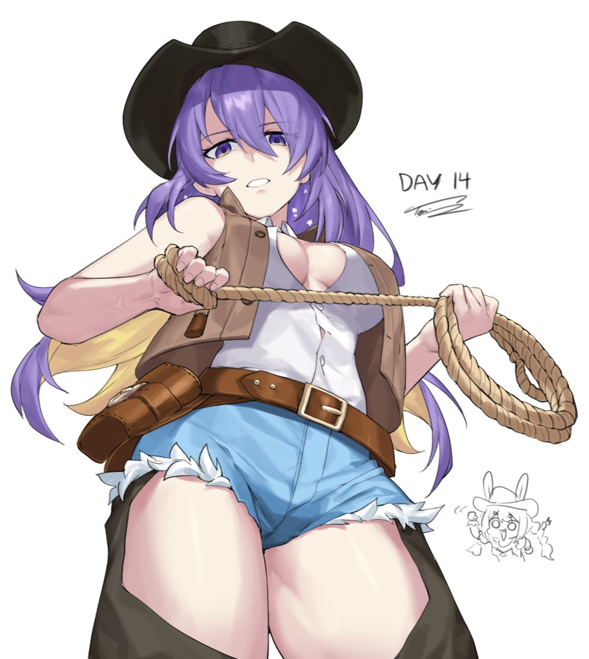 2girls bangs breasts chaps cleavage cowboy_hat cowboy_western dasdokter hat highres hololive hololive_indonesia long_hair looking_at_viewer moona_hoshinova multicolored_hair multiple_girls purple_eyes purple_hair rope shirt short_shorts shorts sleeveless sleeveless_shirt usada_pekora virtual_youtuber