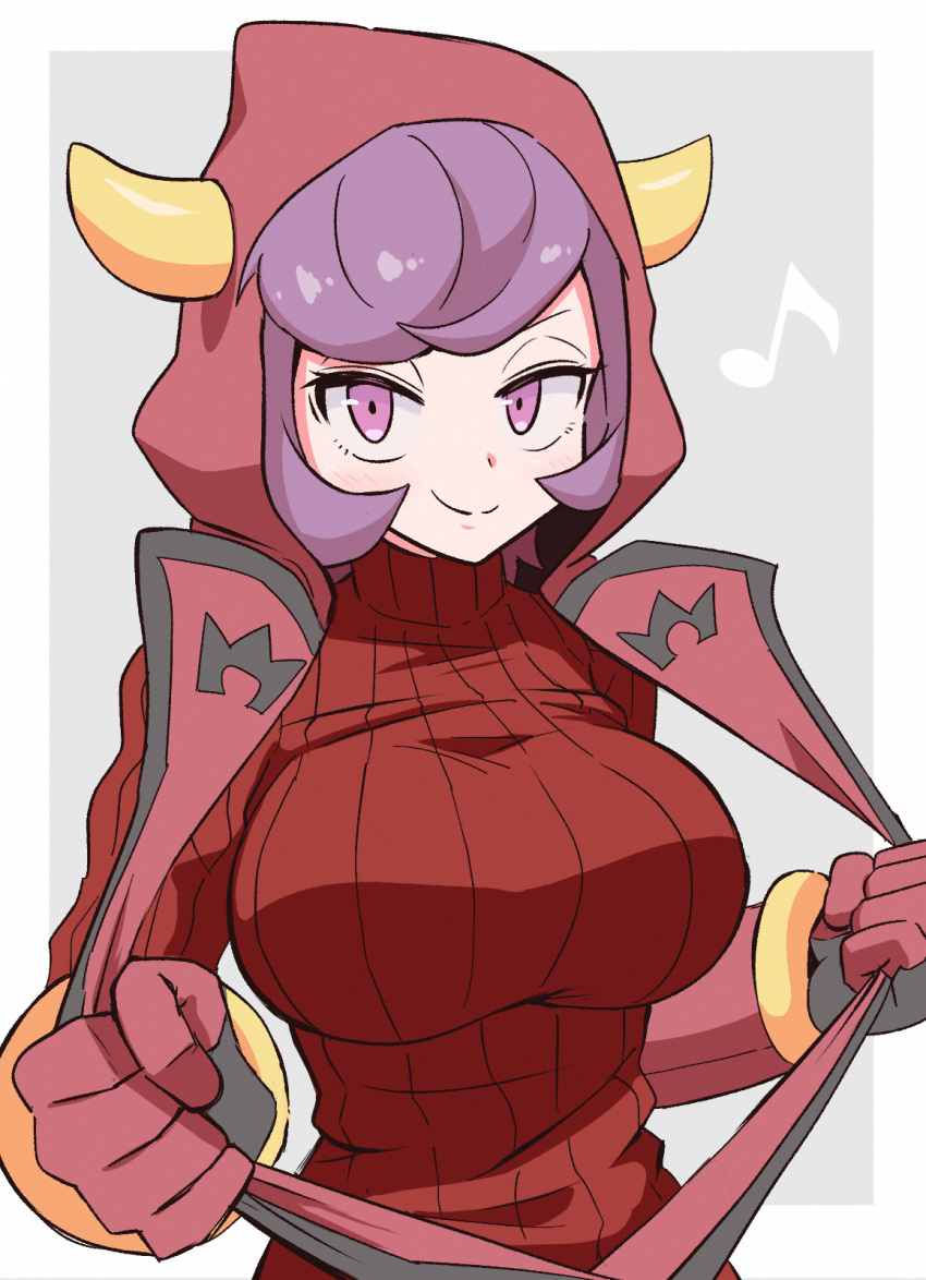 1girl breasts courtney_(pokemon) fake_horns highres hood horned_headwear horned_hood horns kurachi_mizuki large_breasts pokemon pokemon_(game) pokemon_oras ribbed_sweater simple_background solo sweater team_magma team_magma_uniform white_background