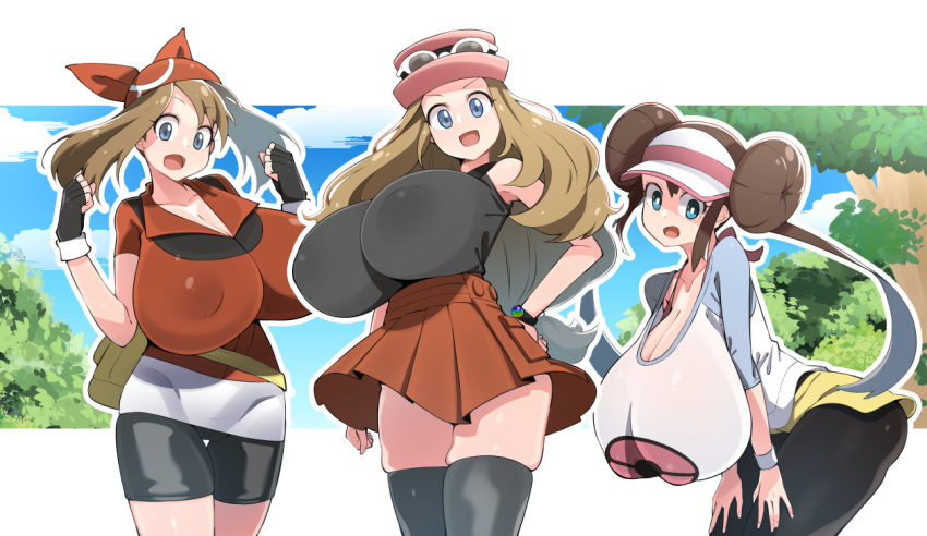 3girls black_pantyhose blue_eyes bow breasts brown_hair double_bun doughnut_hair_bun hair_bun hat huge_breasts legwear_under_shorts long_hair may_(pokemon) mega_ring multiple_girls pantyhose pink_bow pink_headwear pokemon pokemon_(game) pokemon_bw2 pokemon_rse pokemon_xy raglan_sleeves red_skirt rosa_(pokemon) serena_(pokemon) short_shorts shorts skirt toudori twintails very_long_hair visor_cap yellow_shorts