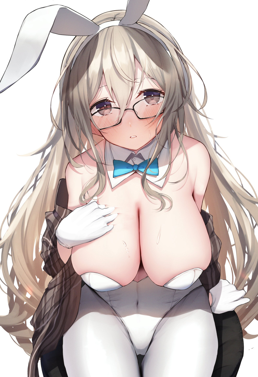 1girl absurdres akane_(blue_archive) akane_(bunny)_(blue_archive) animal_ears bare_shoulders blue_archive bow bowtie breasts brown_eyes cleavage covered_navel detached_collar fake_animal_ears glasses gloves hair_between_eyes highres large_breasts leotard long_hair long_sleeves looking_at_viewer nidaime_(doronbo) pantyhose parted_lips plaid playboy_bunny rabbit_ears smile solo sweat thigh_gap white_background white_gloves white_leotard