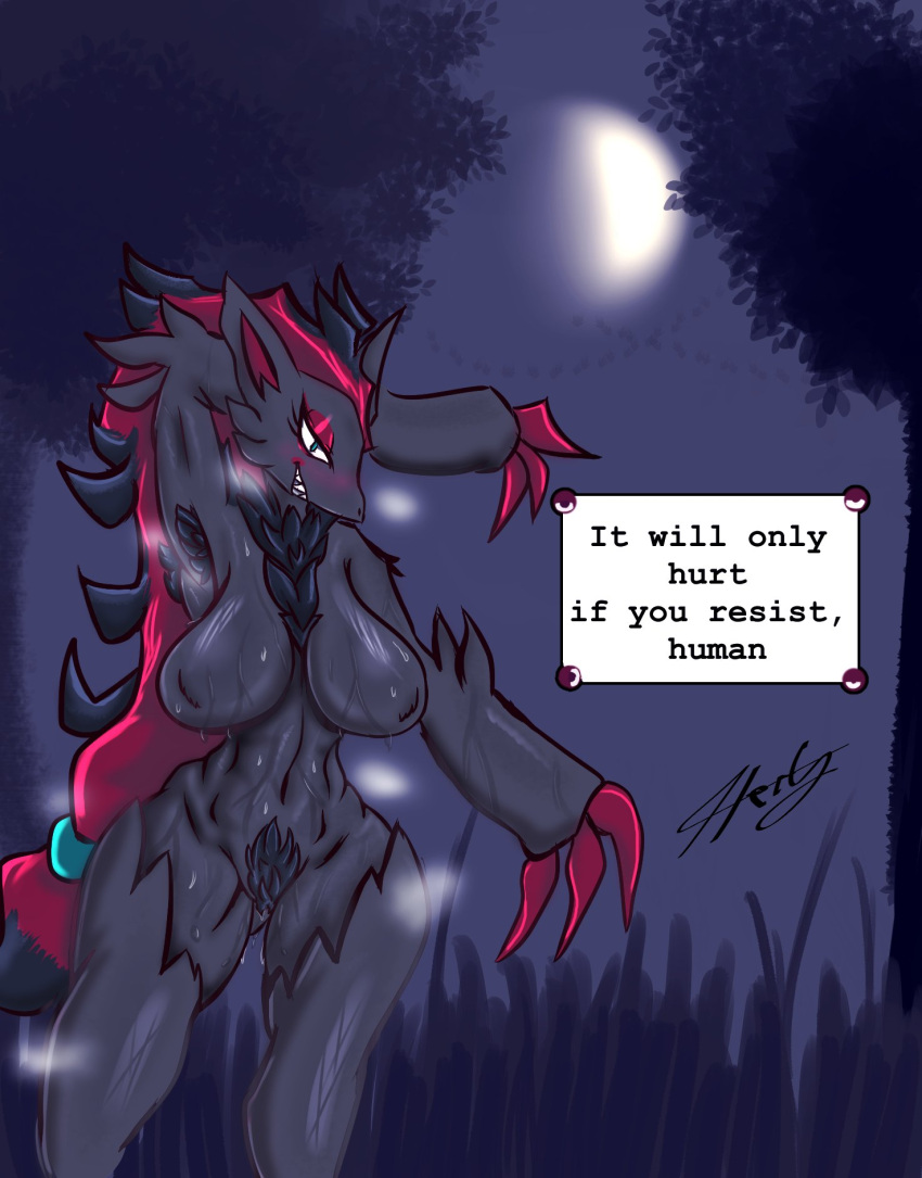 2022 2:3 anthro blush bodily_fluids breasts canid canine canis claws dialogue fangs featureless_breasts female fur generation_5_pokemon hair hi_res lavtheghost looking_at_viewer mammal nintendo nude open_mouth open_smile pokemon pokemon_(species) pubes smile solo sweat teeth thick_thighs video_games zoroark