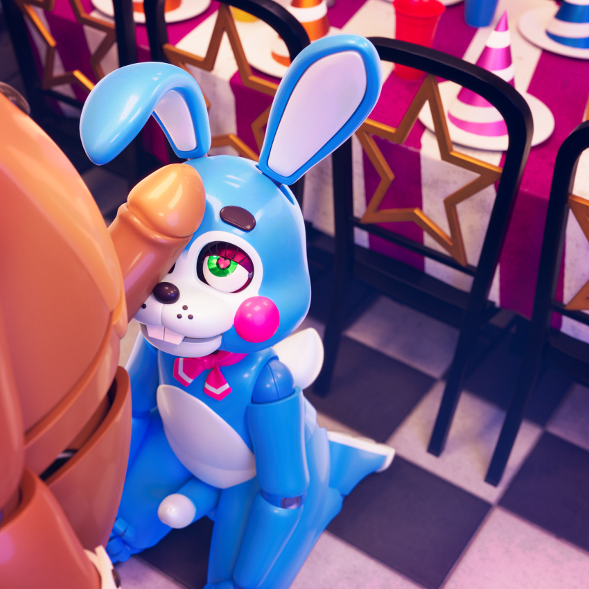 &lt;3 &lt;3_eyes absurd_res anthro ashleyorange blue_body brown_body buckteeth cuffs_(clothing) duo eyeshadow five_nights_at_freddy's five_nights_at_freddy's_2 freckles genitals girly green_eyes hi_res humanoid lagomorph leporid machine makeup male male/male mammal necktie nude penis penis_on_face penis_size_difference rabbit robot robot_humanoid scottgames scut_tail short_tail size_difference teeth toy_bonnie_(fnaf) toy_freddy_(fnaf) ursid video_games