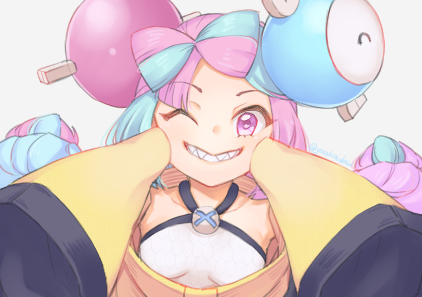 1girl ;) blue_hair bow-shaped_hair breasts character_request commentary_request copyright_request grin hair_ornament hands_on_own_cheeks hands_on_own_face iono_(pokemon) jingai_modoki long_hair long_sleeves looking_at_viewer multicolored_hair one_eye_closed pink_eyes pink_hair pokemon pokemon_(game) pokemon_sv sharp_teeth simple_background sleeves_past_fingers sleeves_past_wrists small_breasts smile solo teeth twitter_username two-tone_hair very_long_sleeves white_background wide_sleeves