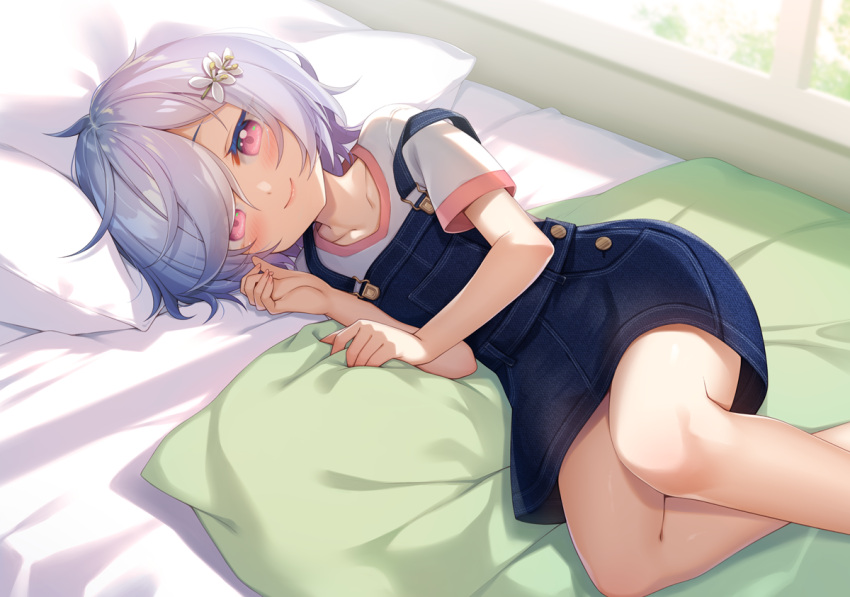 1girl bangs bed blush denim_dress dress grey_hair hatachi indoors looking_at_viewer lying on_side original parted_bangs pillow red_eyes short_hair smile solo window