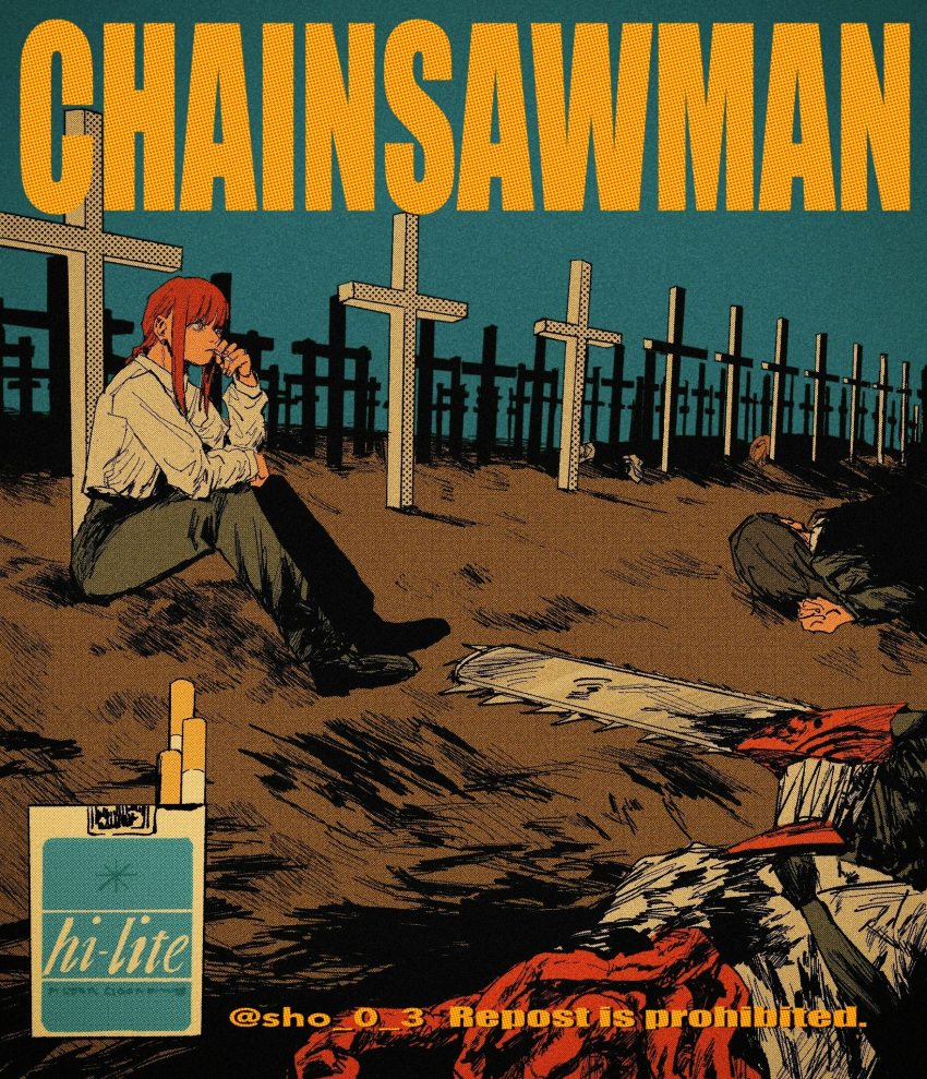 1boy 1girl braid braided_ponytail chainsaw chainsaw_man cigarette cigarette_pack collared_shirt cross death denji_(chainsaw_man) grave graveyard highres holding holding_cigarette makima_(chainsaw_man) on_ground organs red_hair sharp_teeth shirt sidelocks sitting smoking teeth tombstone white_shirt yukinoko_0_3