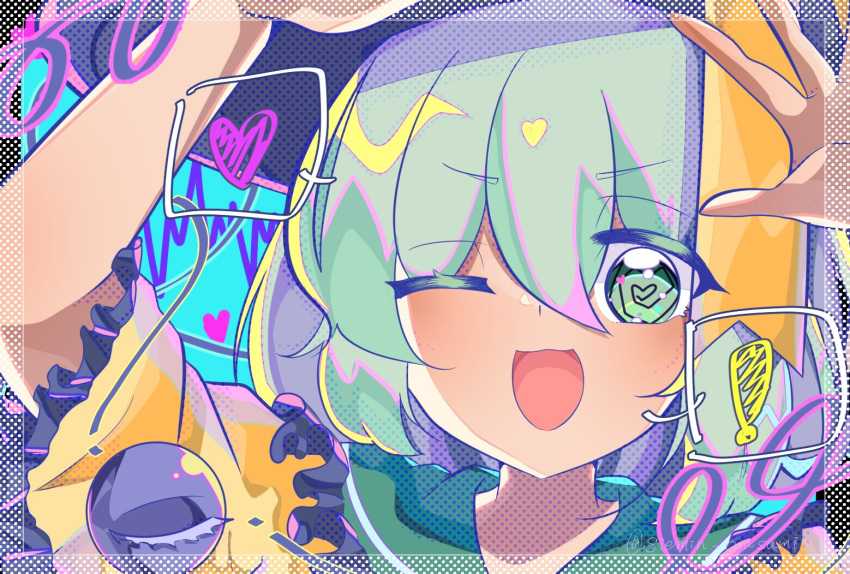 black_headwear dotted_background frilled_sleeves frills green_eyes green_hair heart heart-shaped_pupils komeiji_koishi mint_onyo one_eye_closed open_mouth shirt short_hair symbol-shaped_pupils third_eye touhou yellow_shirt