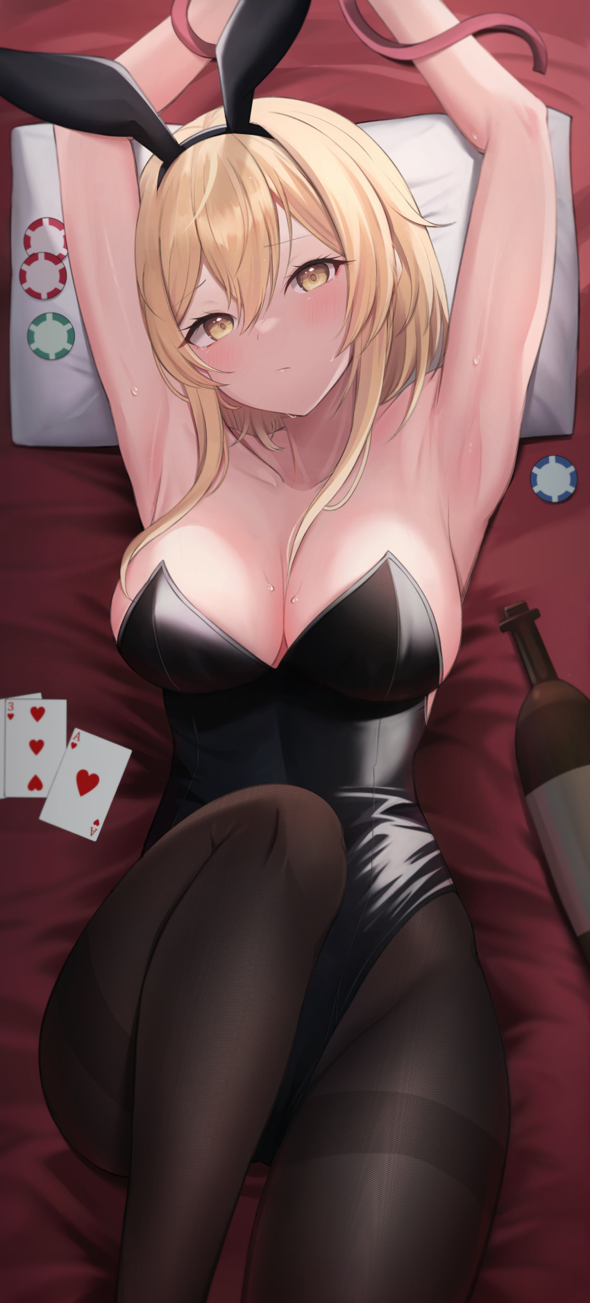 1girl absurdres alternate_costume animal_ears armpits arms_up bangs bare_arms bare_shoulders black_leotard blush bottle breasts brown_pantyhose card cleavage closed_mouth commentary_request fake_animal_ears feet_out_of_frame genshin_impact hair_between_eyes head_on_pillow highleg highleg_leotard highres hiyayo25 knee_up large_breasts leotard looking_at_viewer lumine_(genshin_impact) lying on_back on_bed pantyhose playboy_bunny playing_card poker_chip rabbit_ears short_hair_with_long_locks sidelocks solo strapless strapless_leotard sweat thighband_pantyhose yellow_eyes
