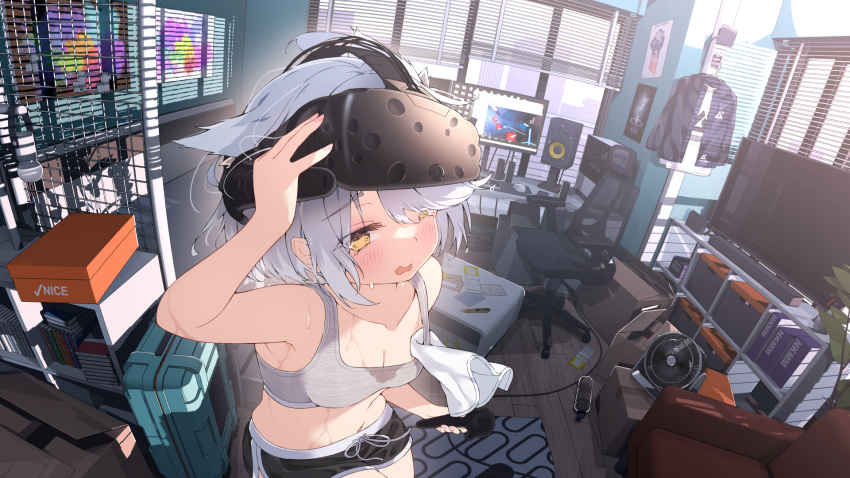 1girl animal_ears bangs blush breasts chair electric_fan extra_ears grey_hair head-mounted_display highres hoji_(hooooooooji1029) indoors looking_at_viewer monitor navel office_chair open_mouth original shorts small_breasts solo sports_bra sweat yellow_eyes