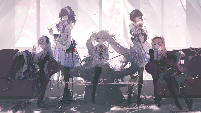 1other 25-ji_miku 25-ji_night_code_de._(project_sekai) 4girls absurdres akiyama_mizuki androgynous ankle_strap anniversary apple aqua_eyes art_brush artist_name asahina_mafuyu backlighting barefoot black_dress black_pantyhose black_thighhighs blue_eyes brown_eyes brown_hair bubble closed_mouth collared_dress colored_eyelashes copyright_name couch curtains daffodil dot_nose dress drill_hair elbow_rest expressionless fingernails flower food frilled_dress frilled_sleeves frills fringe_trim fruit full_body grey_hair grey_nails hair_between_eyes half-closed_eyes hand_on_own_stomach hatsune_miku head_rest heterochromia high_collar high_heels high_ponytail highres holding holding_brush holding_flower holding_food holding_fruit holding_lantern holding_mask indoors juliet_sleeves knees_together_feet_apart lace lace-trimmed_sleeves lace_trim lantern layered_dress light_particles light_smile long_hair long_sleeves looking_at_viewer mask medallion multiple_girls music_box neck_ribbon no_shoes on_couch own_hands_together paintbrush pale_color pantyhose petals pink_eyes project_sekai puffy_sleeves purple_eyes purple_hair purple_ribbon red_footwear red_ribbon rella ribbon shinonome_ena shiny shiny_hair shoes shoes_removed short_dress short_hair side_drill sideways_glance single_bare_leg single_thighhigh sitting standing sunflower tassel thighhighs twintails underbust very_long_hair vocaloid wavy_hair white_dress white_flower white_ribbon wide_sleeves window wrist_ribbon yellow_flower yoisaki_kanade