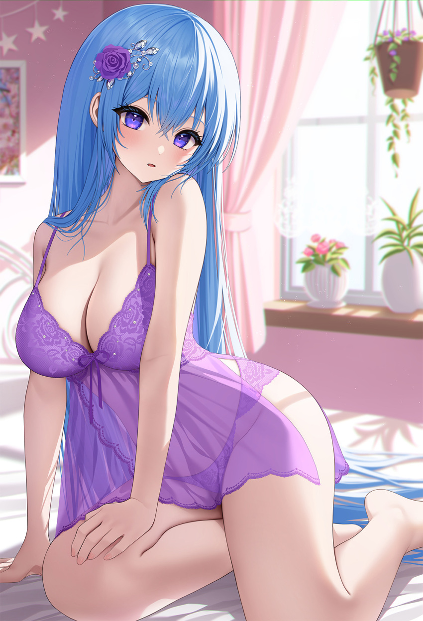 1girl arm_support artist_request bangs bare_arms bare_shoulders bed blue_hair blurry blush breasts camisole check_artist cleavage crossed_bangs curtains dappled_sunlight day depth_of_field emori_miku emori_miku_project feet_out_of_frame flower hair_between_eyes hair_flower hair_ornament hand_on_own_thigh highres indoors kagachi_saku lace_trim leaning_to_the_side long_hair looking_at_viewer medium_breasts on_bed panties parted_lips picture_frame plant potted_plant purple_camisole purple_eyes purple_flower purple_rose rose see-through side_slit sidelocks sitting solo spaghetti_strap strap_gap sunlight thighs underwear very_long_hair window yokozuwari